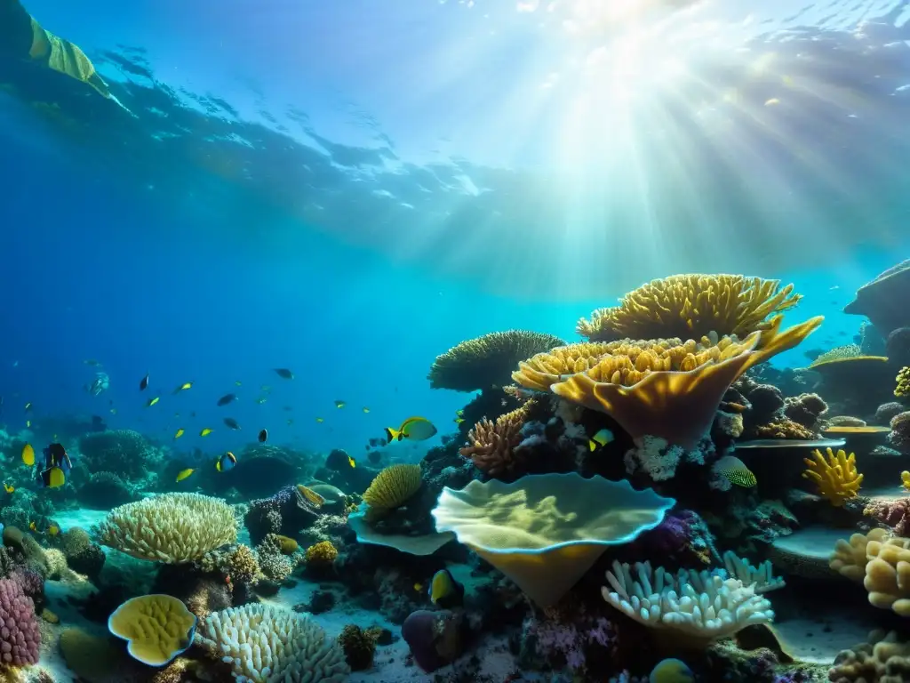 Bella y frágil armonía del arrecife de coral con una diversidad de vida marina y coloridas formaciones de coral bajo la luz dappled