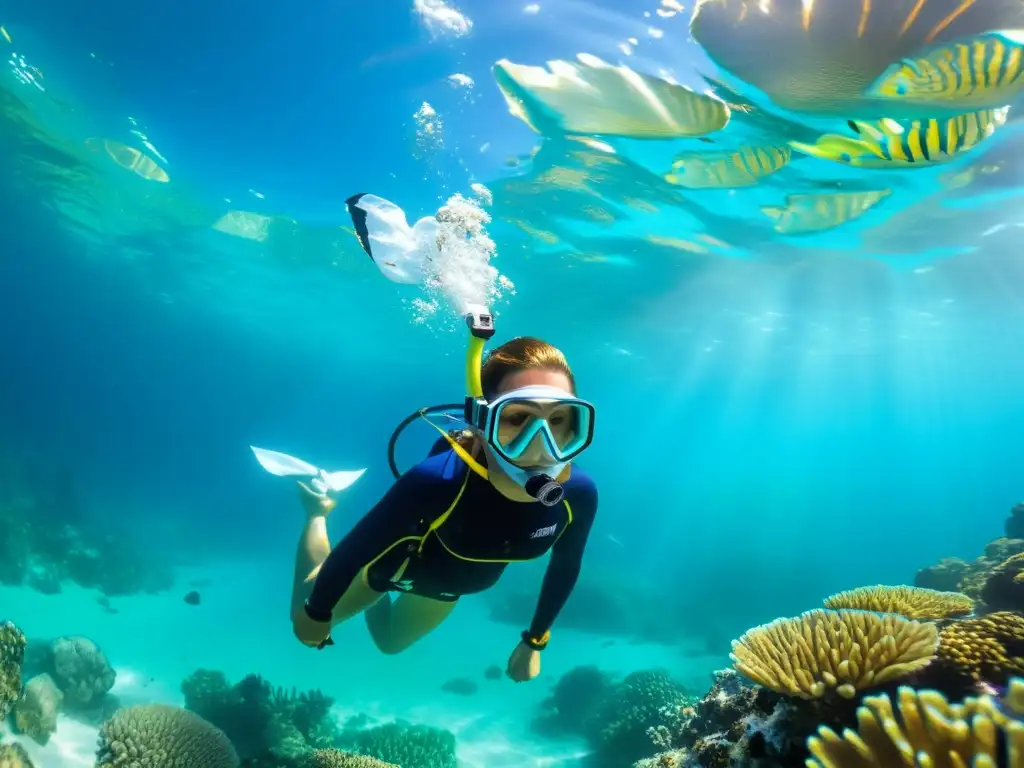 Explora la belleza de un arrecife de coral mientras un snorkel facial refleja la luz del sol