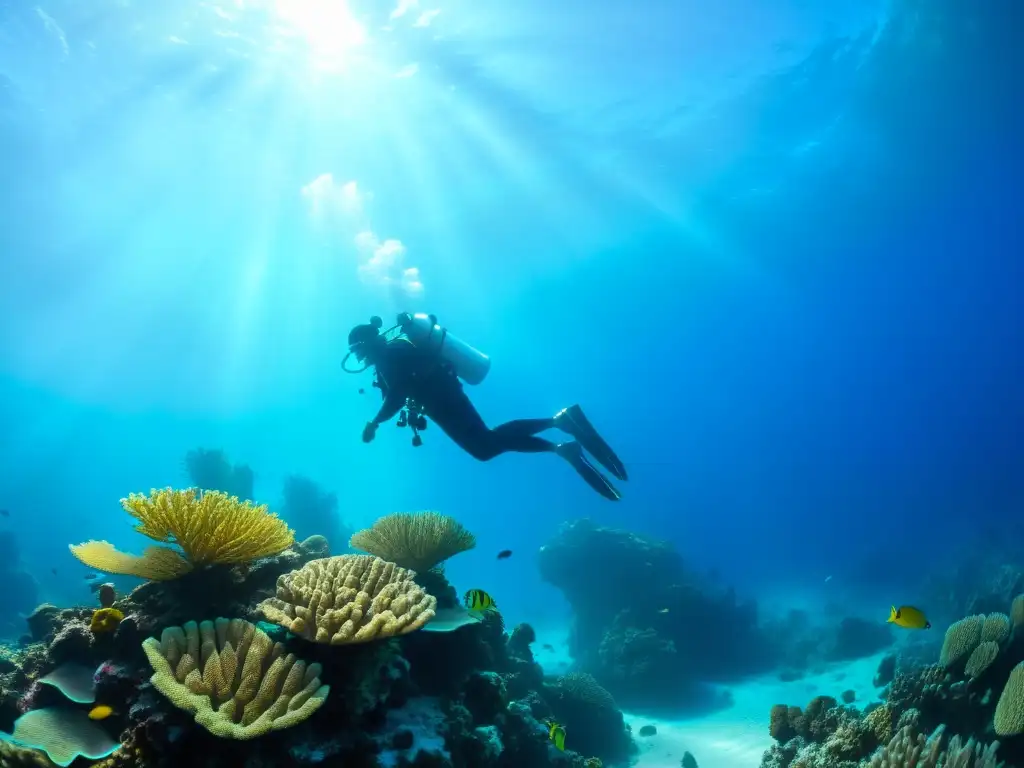 Explora la belleza del buceo responsable para preservar vida marina en un vibrante arrecife de coral, con un buzo en silueta y peces coloridos