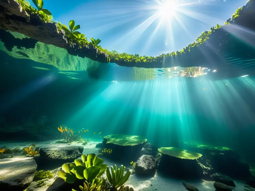 Fotografía de belleza en cenotes subacuáticos: Rayos de sol iluminan la asombrosa flora y formaciones rocosas bajo el agua cristalina