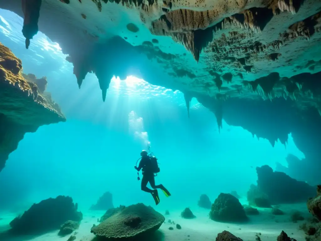 Explorando la belleza de la formación de cuevas subacuáticas oceánicas, un buzo se sumerge en un mundo de maravillas bajo el agua