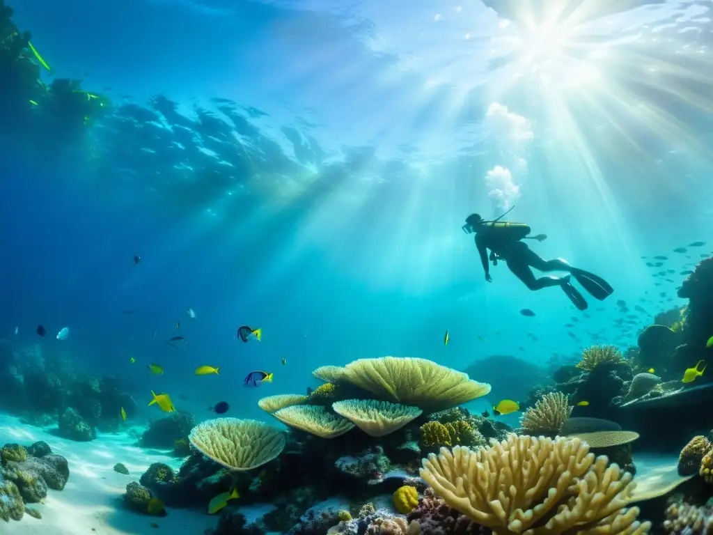 Explora la belleza del mundo submarino con un buceo mindfulness bajo el agua para buceo, rodeado de vida marina colorida y tranquilidad serena