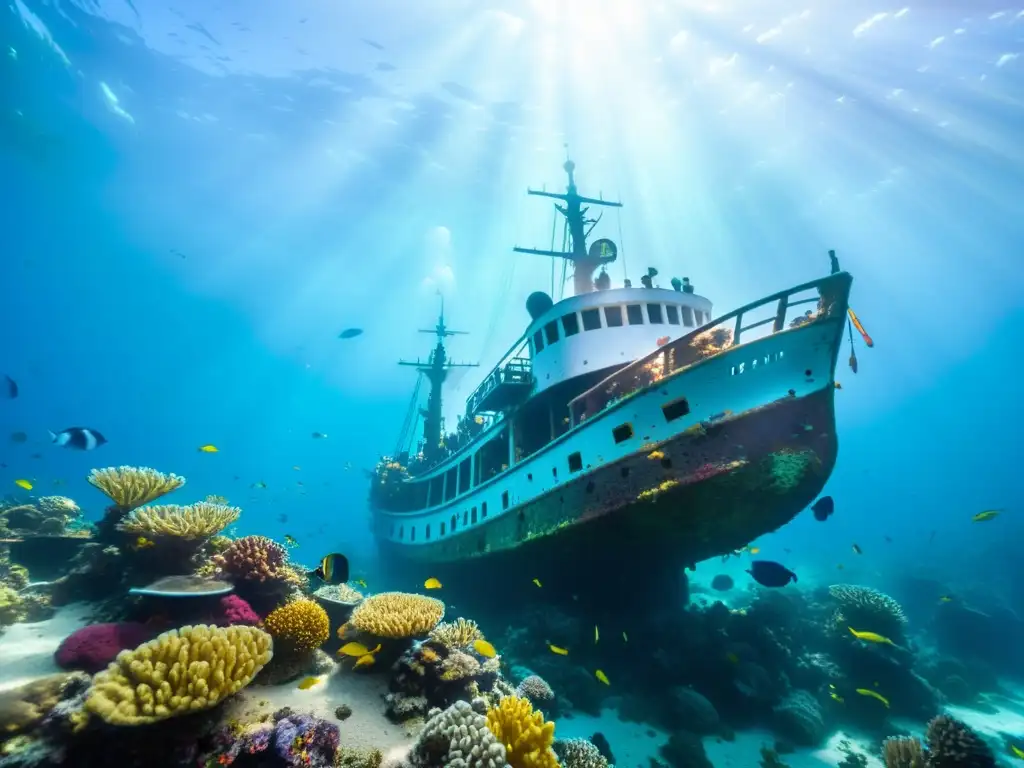 Descubre la belleza del océano en esta imagen de un barco hundido rodeado de vida marina y coral vibrante