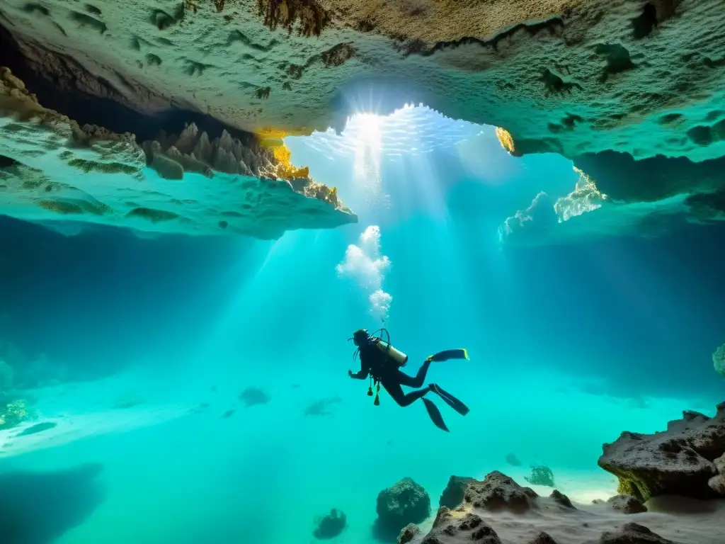 Explora la belleza subacuática de las cavernas cenotes con esta impresionante fotografía de un buzo capturando la magia del paisaje sumergido