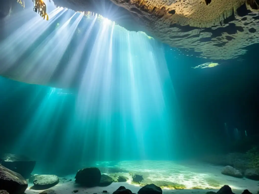 Explora la belleza subacuática de un cenote, con la interacción de luz y sombra que crea una atmósfera misteriosa