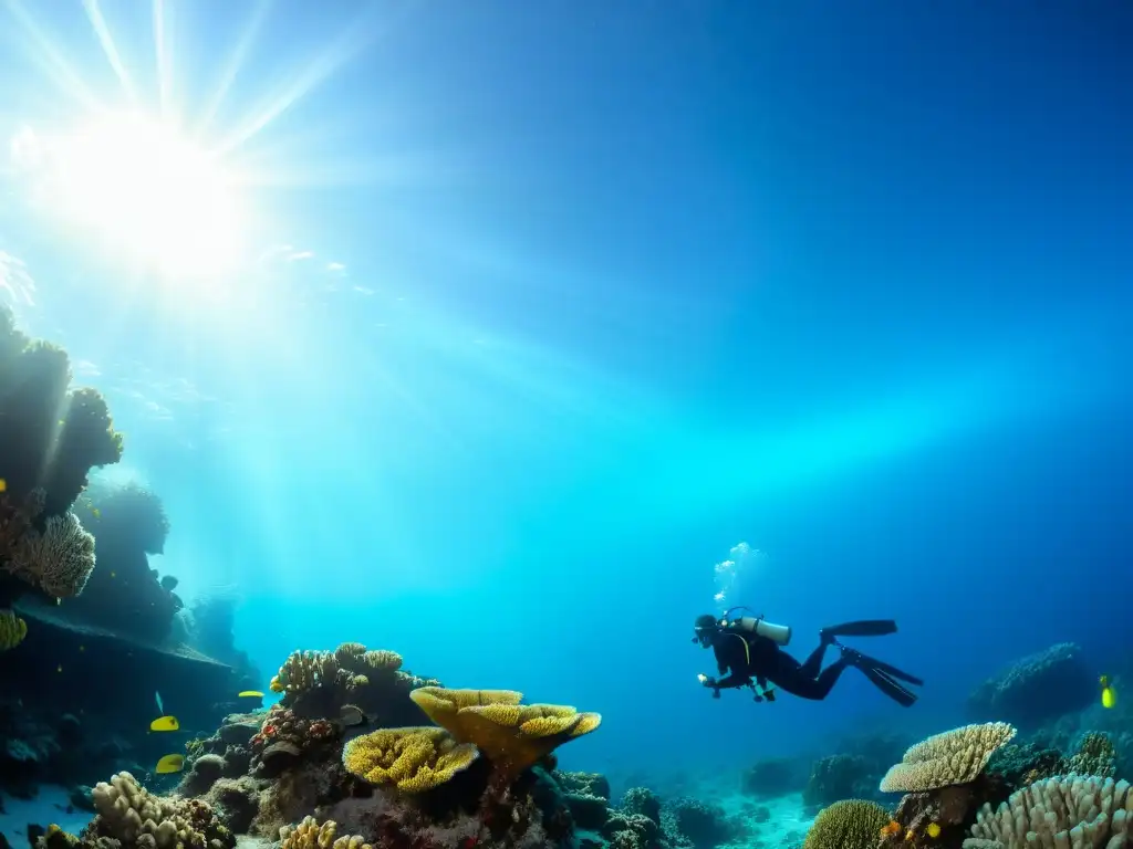 Explora la belleza submarina con corales, vida marina y buceadores, transmitiendo calma y aventura