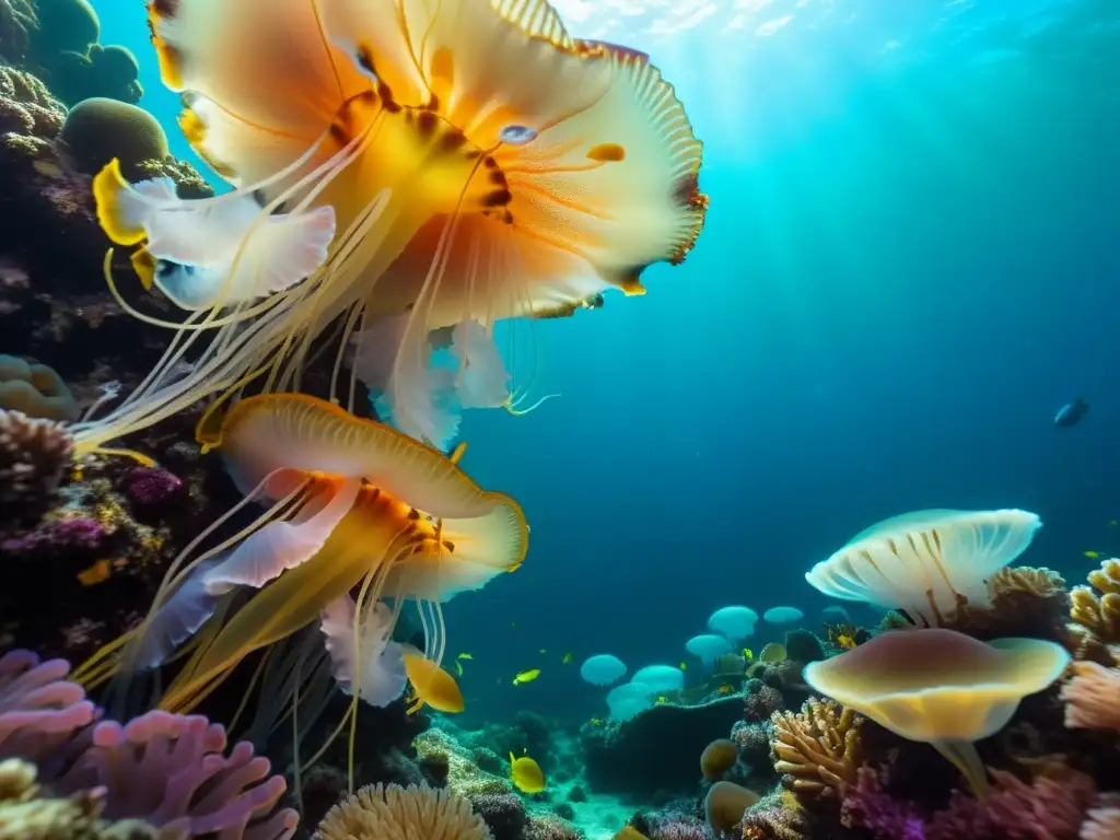 Descubre la belleza única de un arrecife de coral vibrante y luminiscente, habitado por especies submarinas luminiscentes