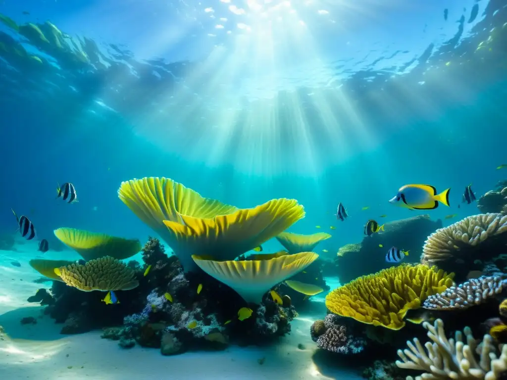 Bello arrecife de coral en el océano, con peces coloridos, plantas marinas y formaciones de coral
