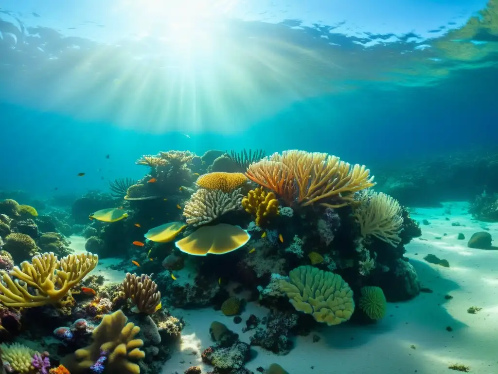 Bello arrecife de coral sostenible, habitado por langostas y cangrejos, iluminado por el cálido sol