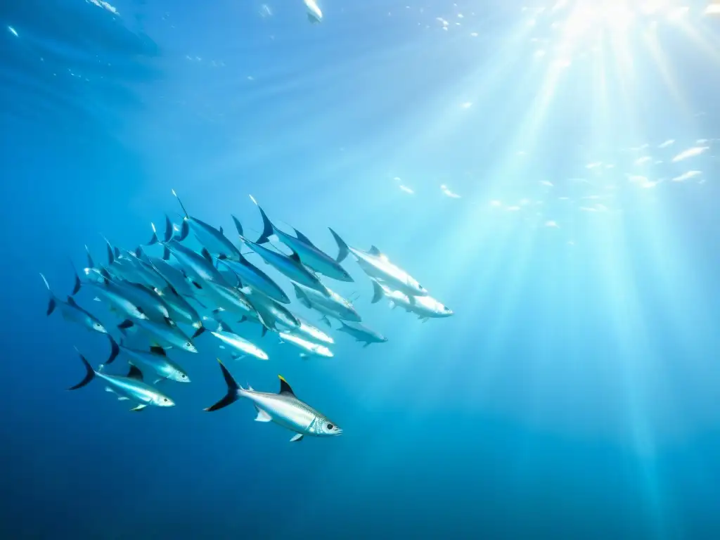 Un bello cardumen de peces voladores oceánicos en un vuelo elegante bajo el agua cristalina