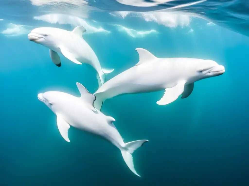 Pod de belugas nadando en aguas turquesas del Ártico, revelando adaptaciones únicas de mamíferos marinos