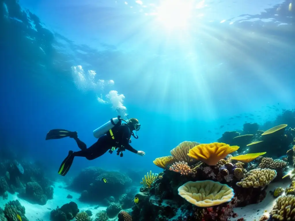 Un biólogo marino en equipo de buceo se aproxima con cuidado a un arrecife de coral vibrante, mostrando técnicas de aproximación vida marina en una escena submarina serena y cautivadora