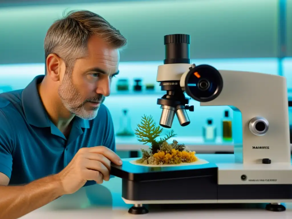 Un biólogo marino examina detalladamente una especie marina preservada bajo un microscopio potente