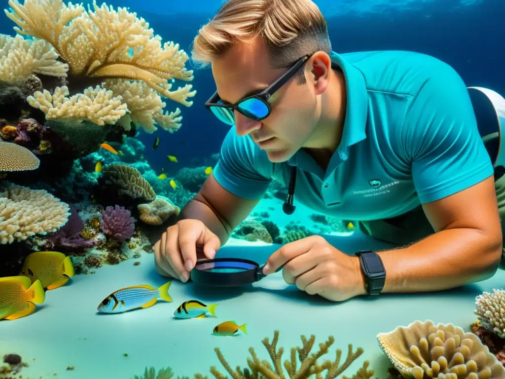 Un biólogo marino examina detalladamente un pez de arrecife de coral, rodeado de equipo científico y vida marina diversa