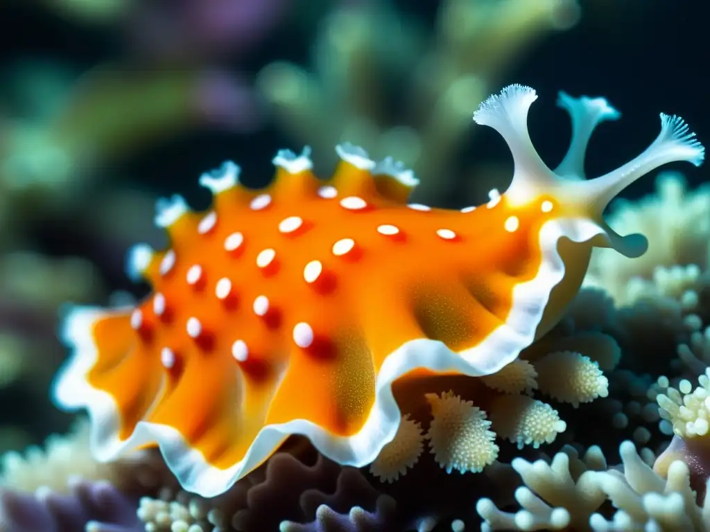 Un nudibranquio naranja y blanco sobre coral colorido