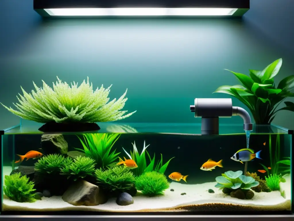 Una bomba de agua silenciosa en un acuario tranquilo con peces y plantas acuáticas, iluminado suavemente