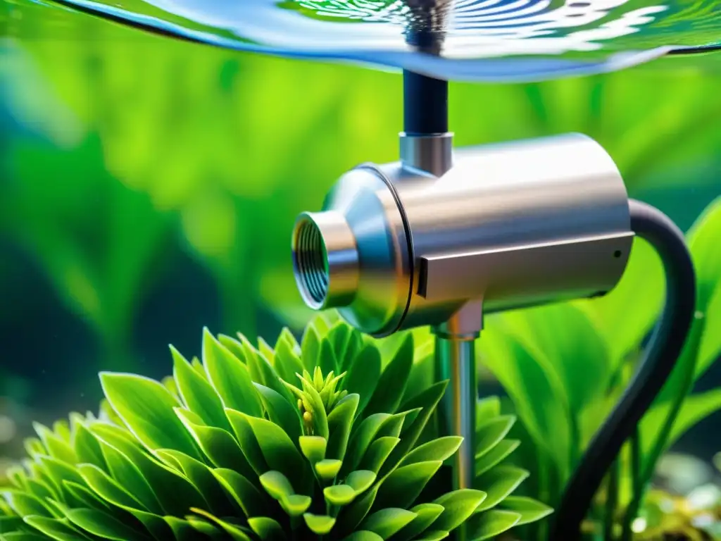 Una bomba de agua silenciosa se integra armónicamente en un paisaje acuático tranquilo, rodeada de plantas verdes vibrantes y vida submarina