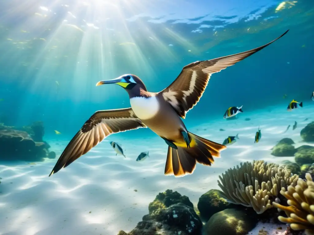 Un booby marrón se sumerge elegantemente en aguas cristalinas, rodeado de peces tropicales
