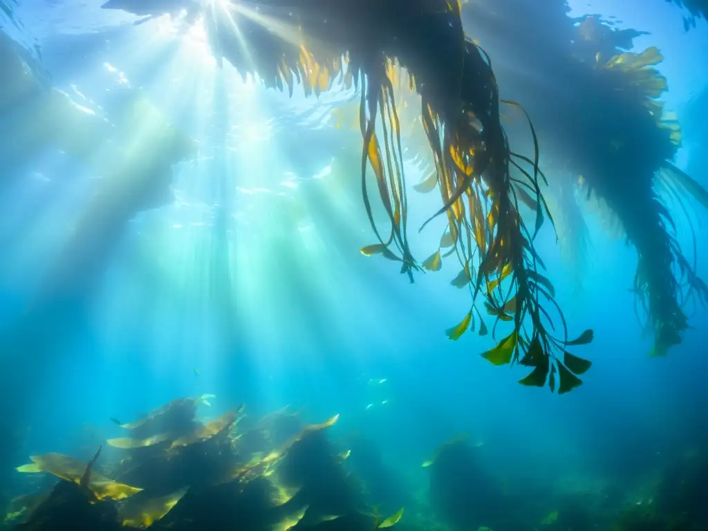 Un bosque de algas exuberante bajo el agua, iluminado por rayos de sol