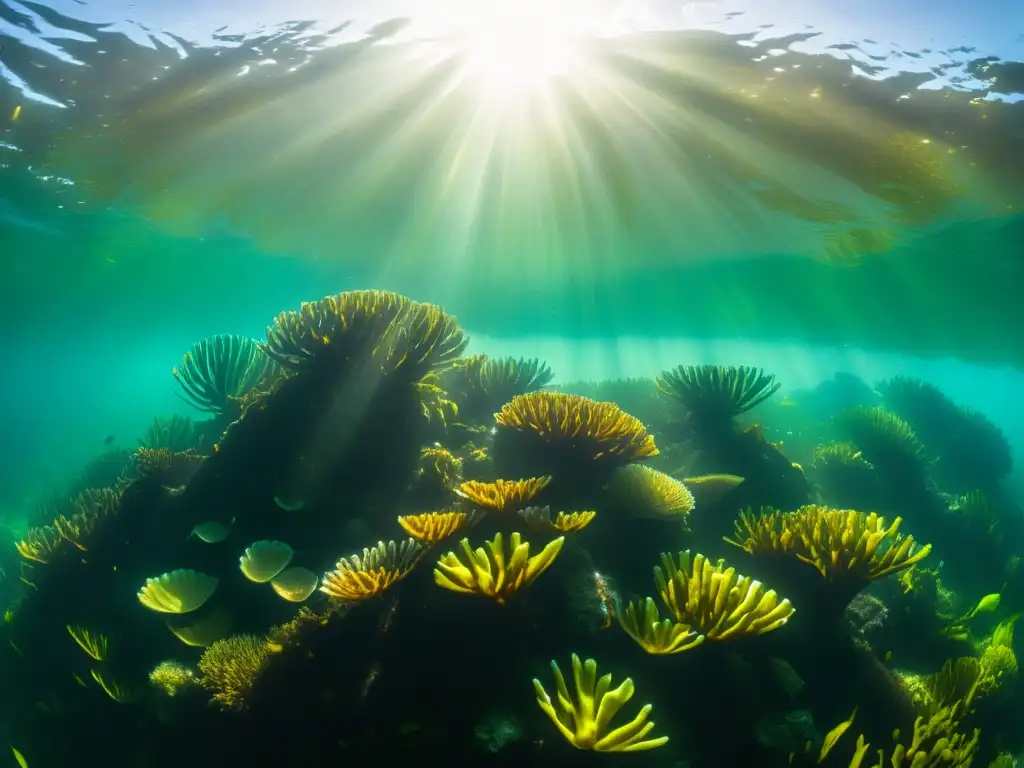 Un bosque de algas marinas vibrante y exuberante baila bajo el agua, tejiendo una danza de luz y sombra en un paisaje cautivador