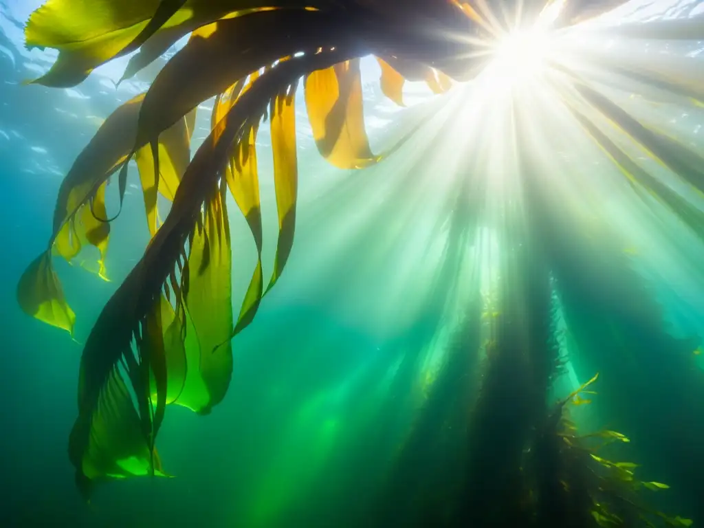 Un bosque de algas pardas exuberante bajo el agua iluminado por el sol, mostrando los beneficios de las algas pardas en el ecosistema marino