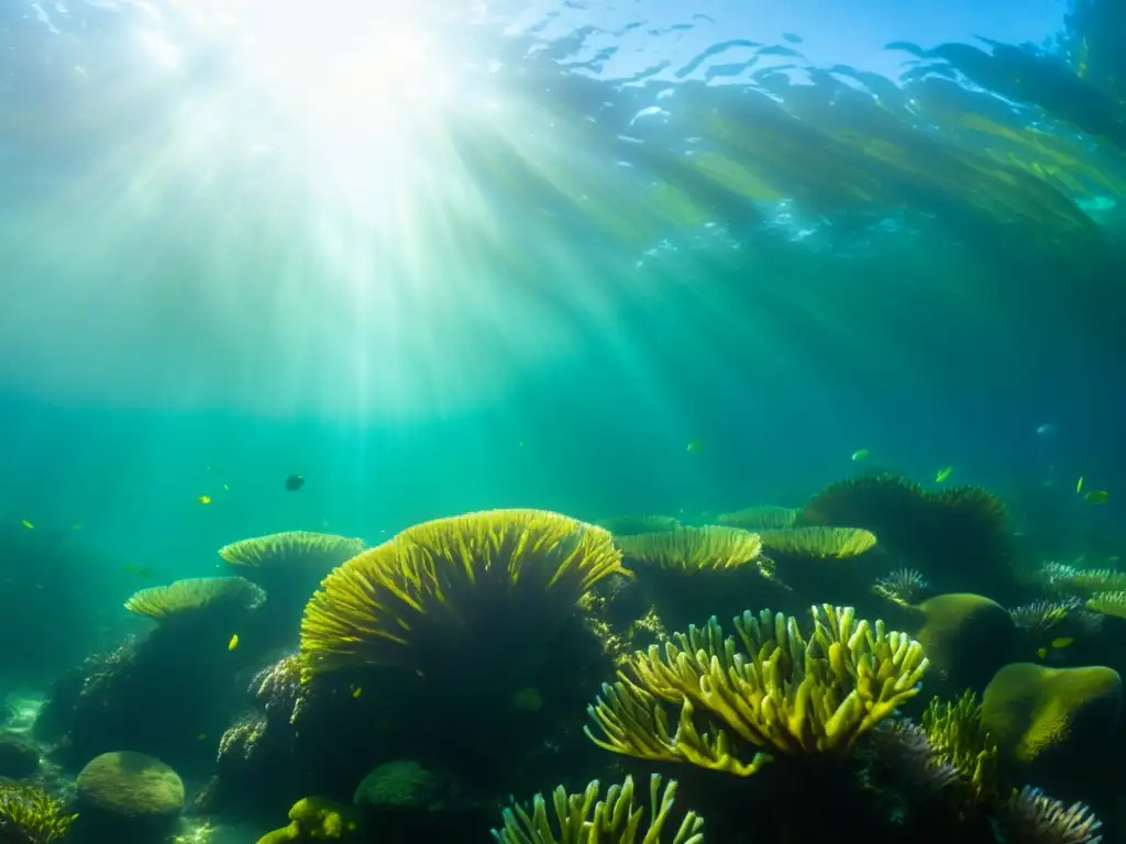 Un bosque de algas submarino vibrante y dinámico con vida marina diversa, iluminado por el sol, beneficios oligoelementos marinos piel