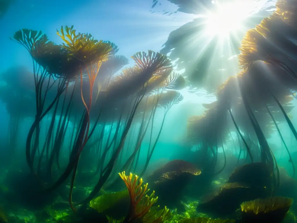 Un bosque de algas vibrante con vida marina y luz solar filtrada