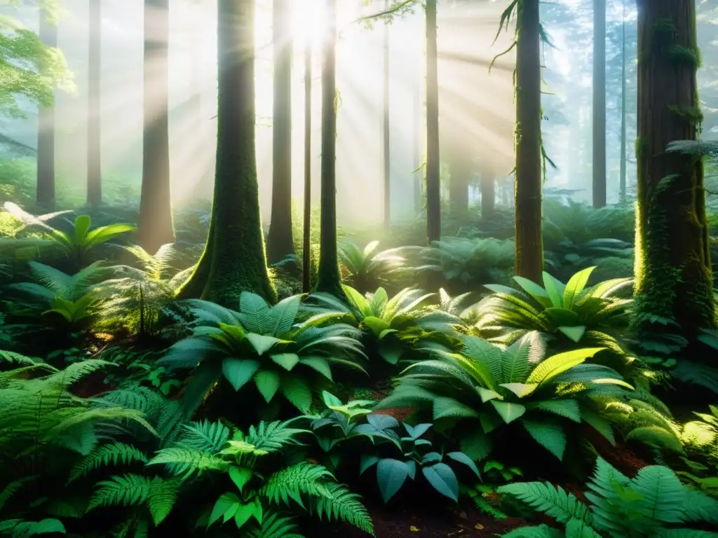 Un bosque exuberante y denso con diversidad de especies vegetales entrelazadas, bañado por la luz del sol y una atmósfera etérea