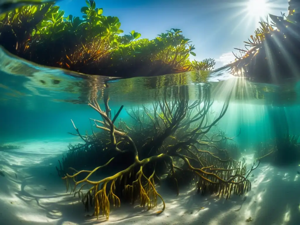 Un bosque de manglares se ilumina bajo el agua, revelando un mundo vibrante y tranquilo