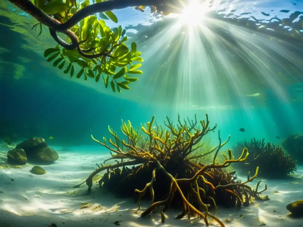 Un bosque de manglares bajo el agua, con una variedad de vida marina entre las raíces