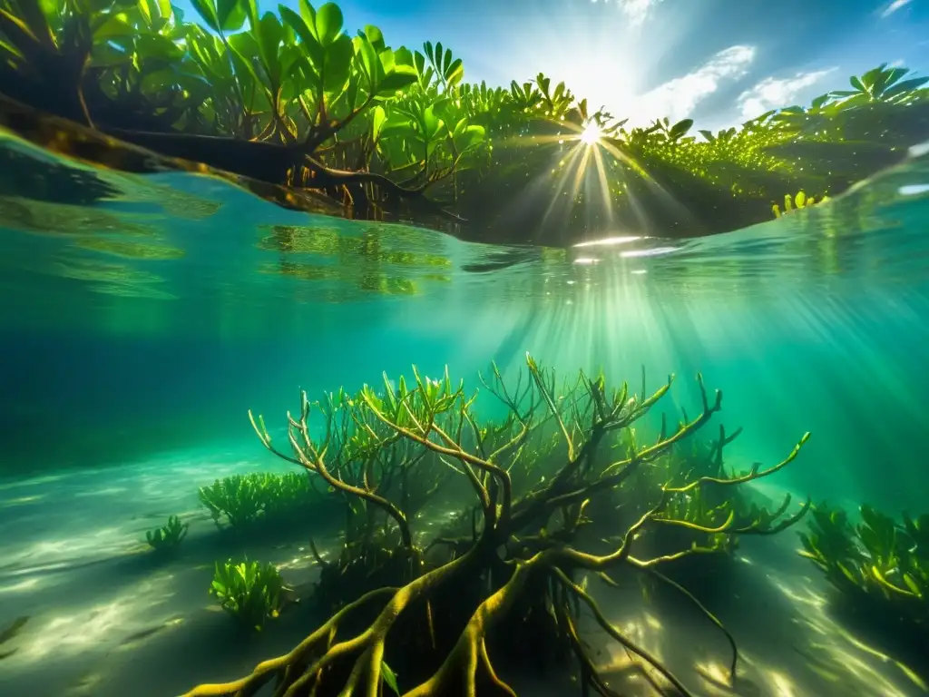 Un bosque de manglares denso bajo el agua, con luz solar filtrándose y creando patrones hipnóticos en el lecho marino