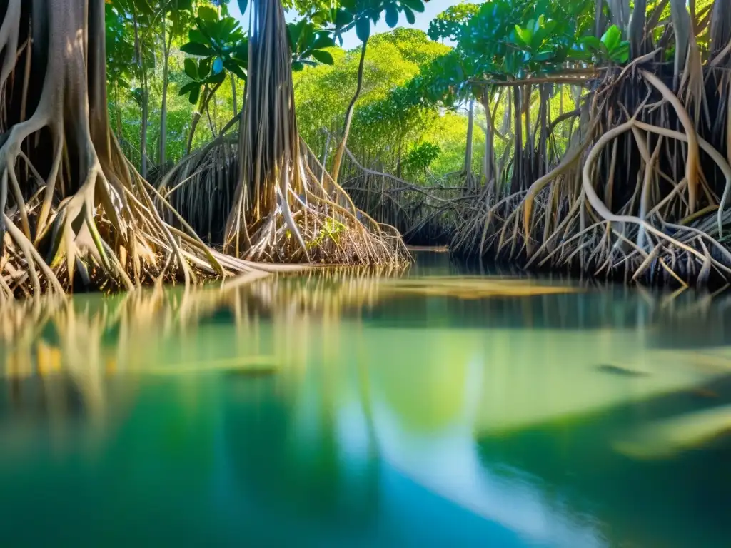 Un bosque de manglares expansivo y sereno con raíces altas y enredadas que se elevan desde el agua, tejiendo un laberinto hipnótico