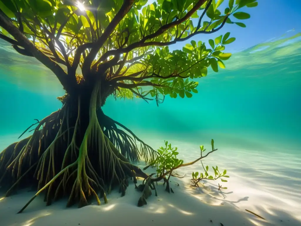 Un bosque de manglares en el fondo del mar, proporcionando refugio a la vida marina