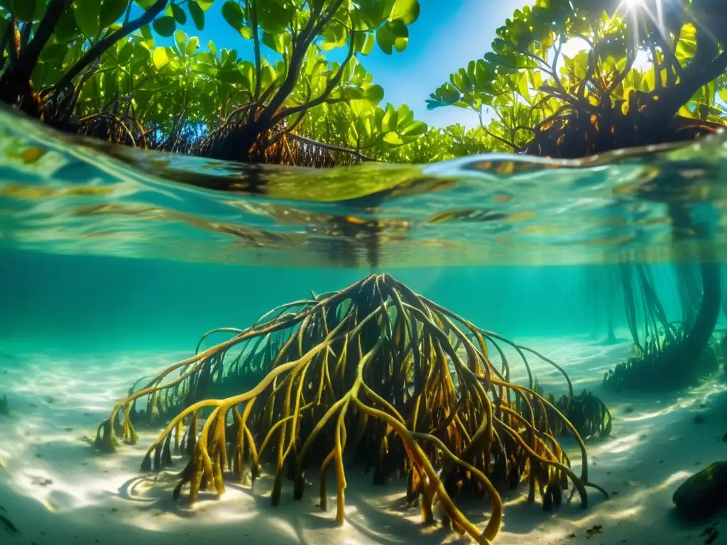 Un bosque de manglares marinos vibrante, con luz solar filtrándose a través del agua, iluminando las raíces enredadas y la vida acuática