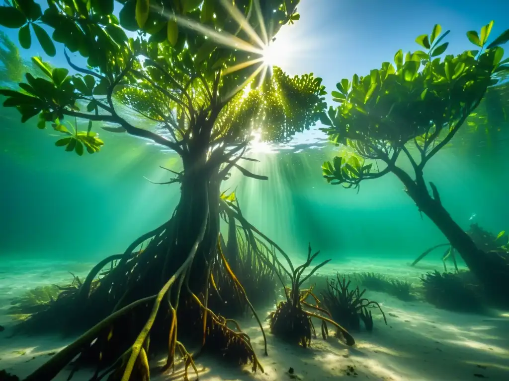 Un bosque de manglares próspero bajo el agua, con la luz solar iluminando las intrincadas raíces y la vida marina