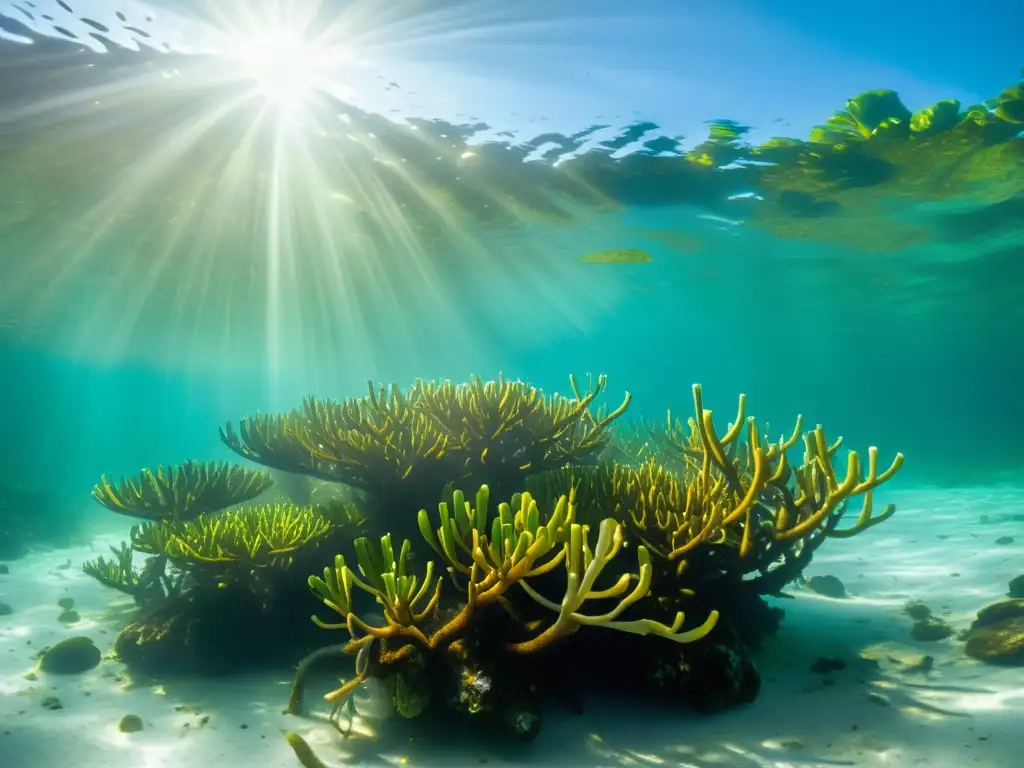 Un bosque de manglares próspero bajo el agua, con luz solar filtrándose, iluminando sus intrincados sistemas de raíces y vida marina diversa