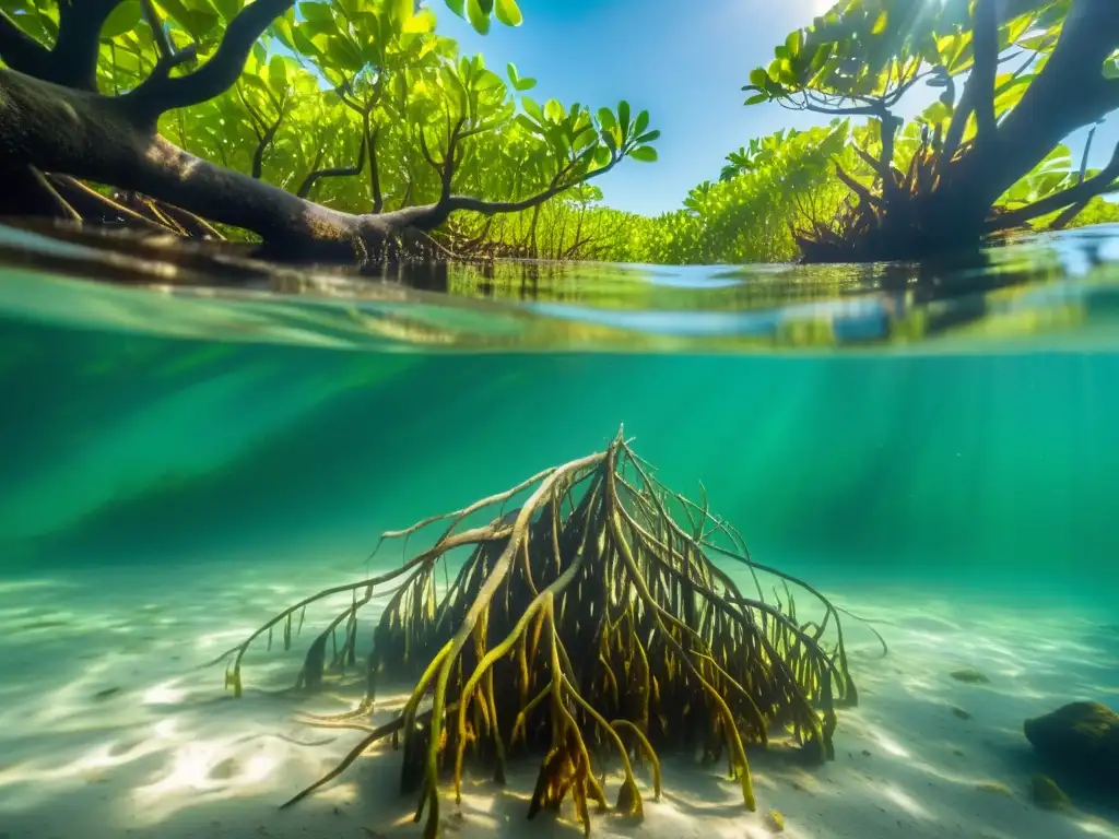 Un bosque de manglares sereno, con luz solar filtrándose a través del agua, creando patrones de sombra en las raíces sumergidas y vida marina