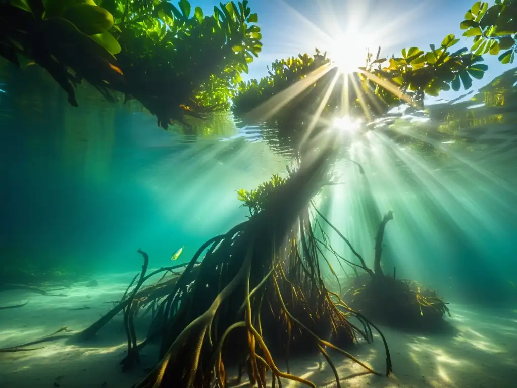 Un bosque de manglares subacuático, con luz solar filtrándose a través del agua, creando un juego de luces y sombras