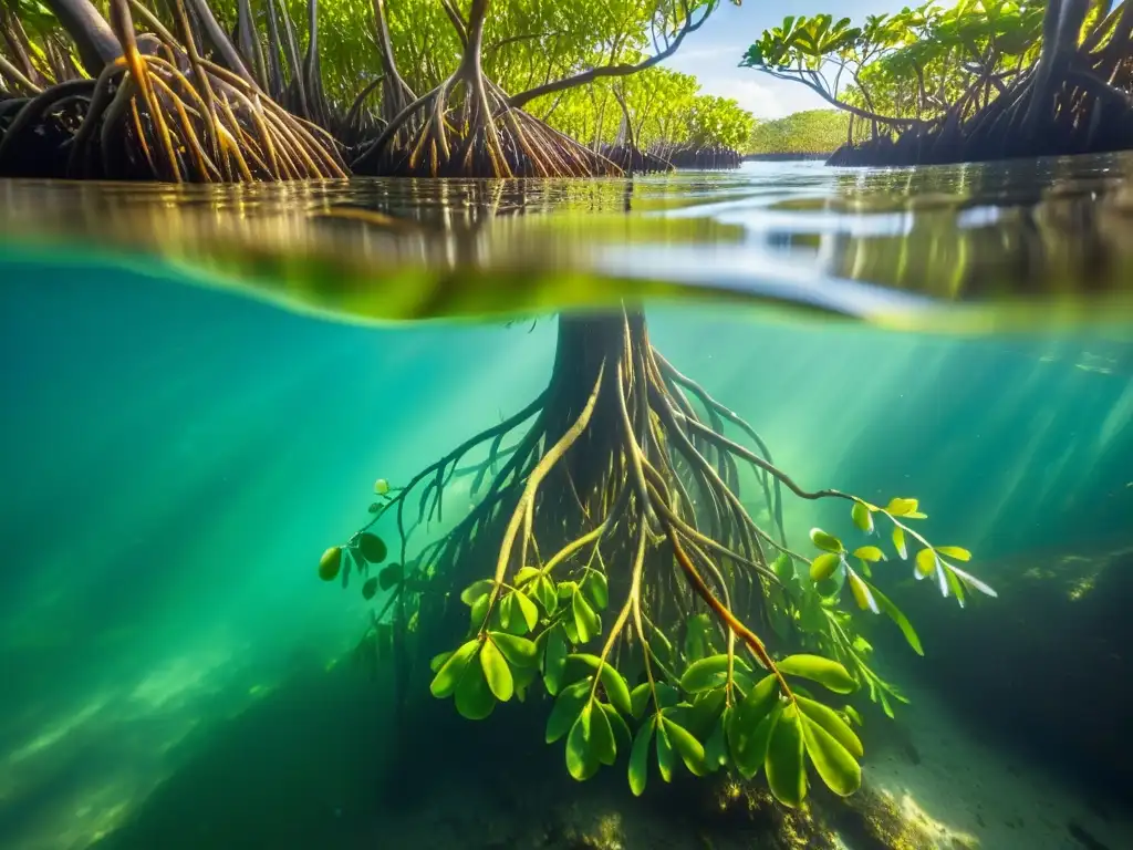 Un bosque de manglares subacuático con luz solar filtrada, resaltando el rol de los manglares en cambio climático