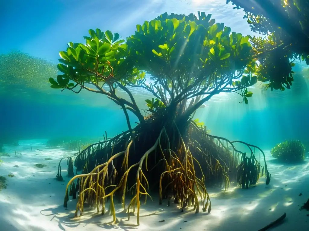 Un bosque de manglares submarino iluminado por el sol, revelando una rica biodiversidad marina