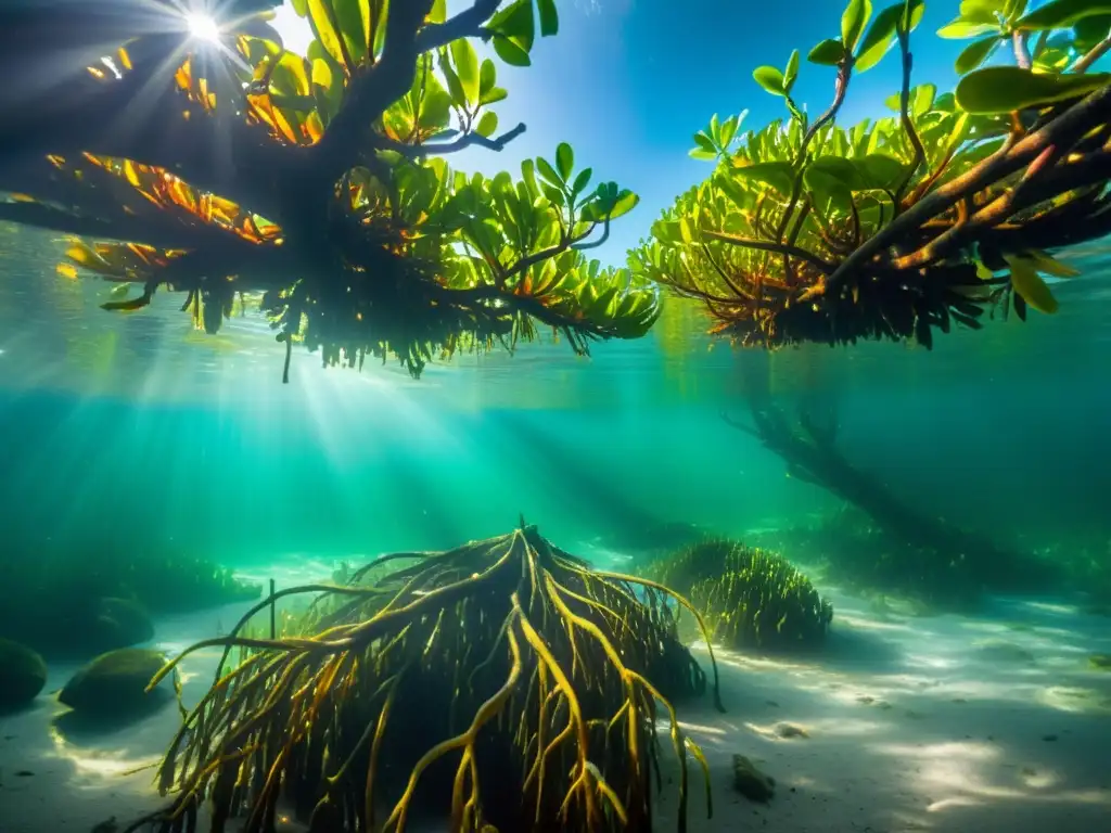 Un bosque de manglares submarino iluminado por el sol, revelando la importancia de los manglares costeros para la biodiversidad marina