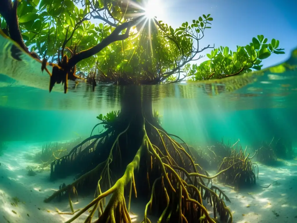 Un bosque de manglares submarino con luz solar filtrándose a través del agua, revelando raíces sumergidas y vida marina