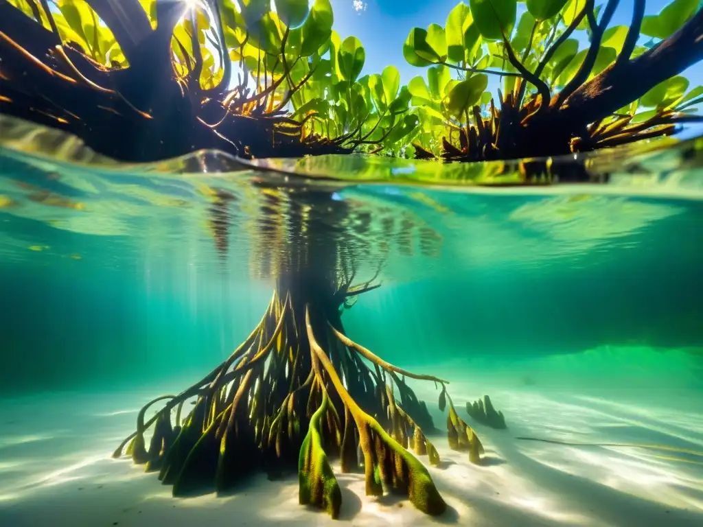 Un bosque de manglares submarino, con luz solar filtrándose a través del agua, creando sombras en las raíces