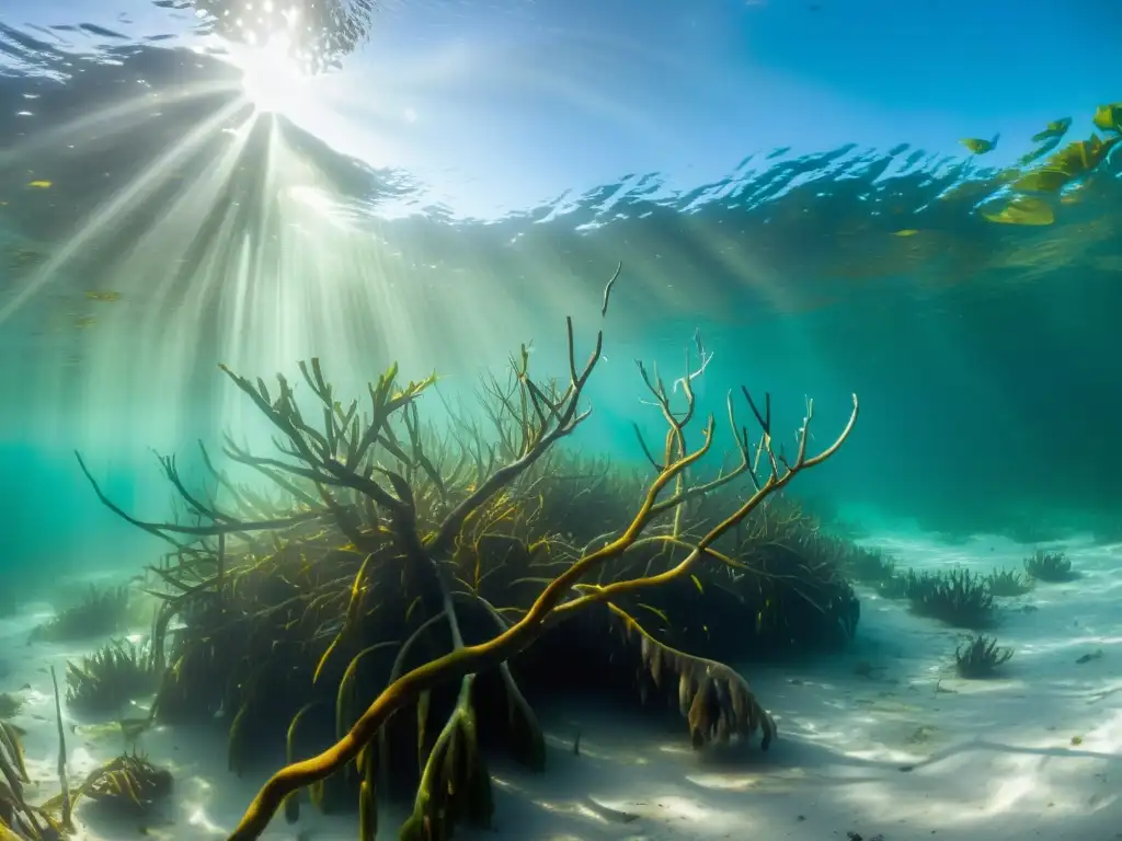 Un bosque de manglares submarino con vida marina colorida, crucial en la importancia de los manglares contra erosión