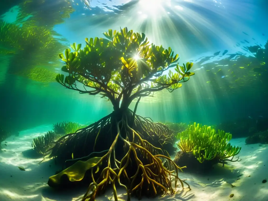 Un bosque de manglares submarino con vida marina diversa y colorida