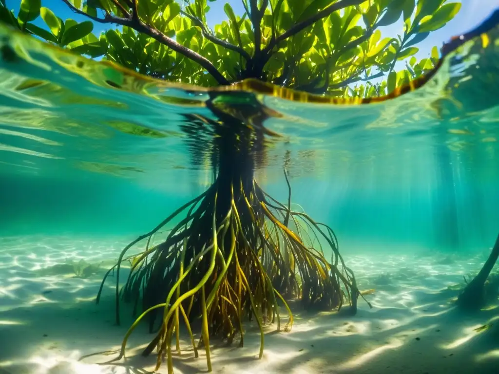 Un bosque de manglares vibrante bajo el agua, con luz filtrándose a través del agua, creando un juego de luces y sombras