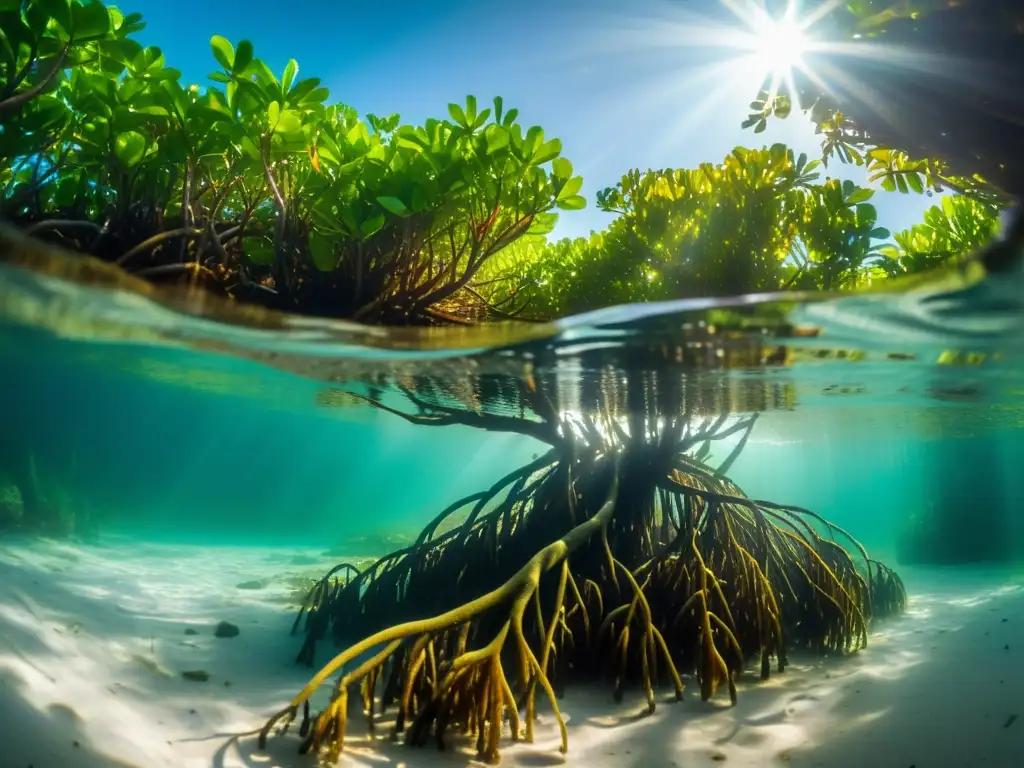 Un bosque de manglares vibrante bajo el agua, iluminado por el sol