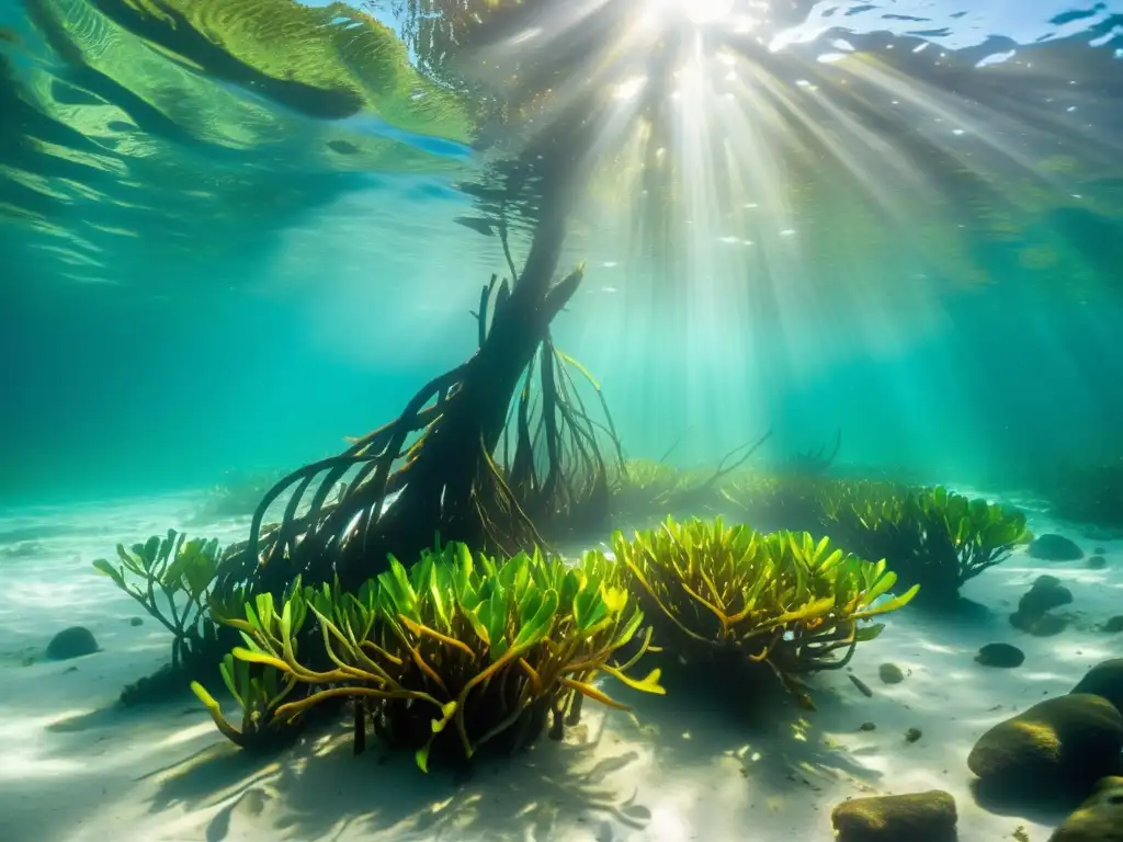 Un bosque de manglares vibrante bajo el agua, con luz solar filtrándose y creando un juego de luces y sombras en el fondo del mar