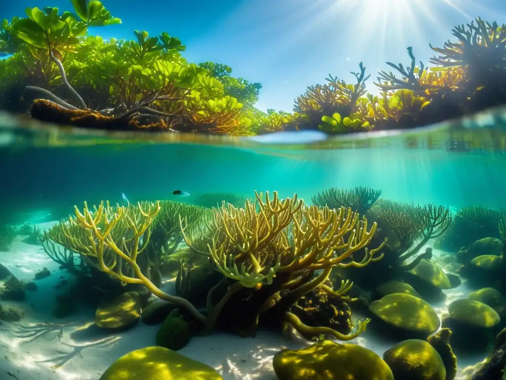 Un bosque de manglares vibrante y diverso bajo el agua, con vida marina colorida