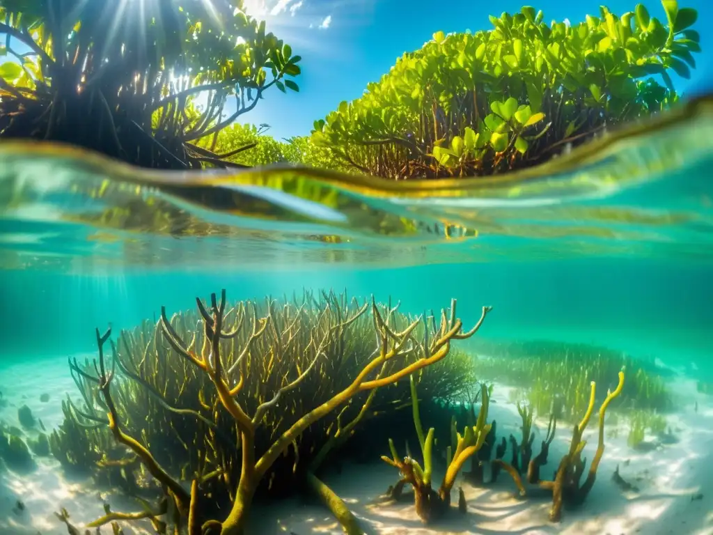 Un bosque de manglares vibrante y próspero bajo el agua, iluminado por el sol